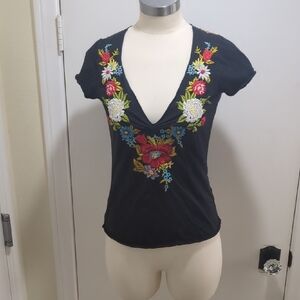 Vintage Johnny Was Black V Neck Tee With Colorful Embroidery.  Size Small.